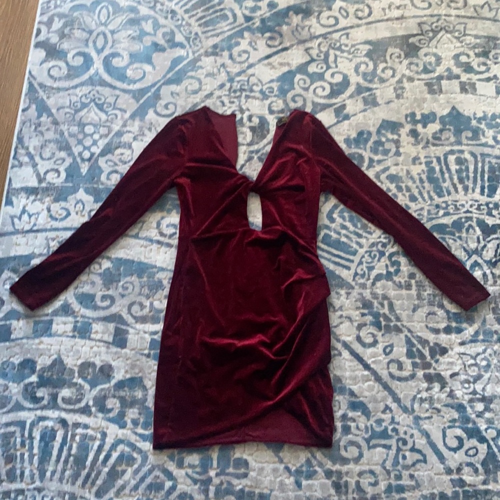 Long sleeve, red velvet mini dress.